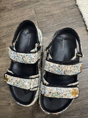 Tory Burch White Sequin Triple-Strap Sandals with Gold Logo